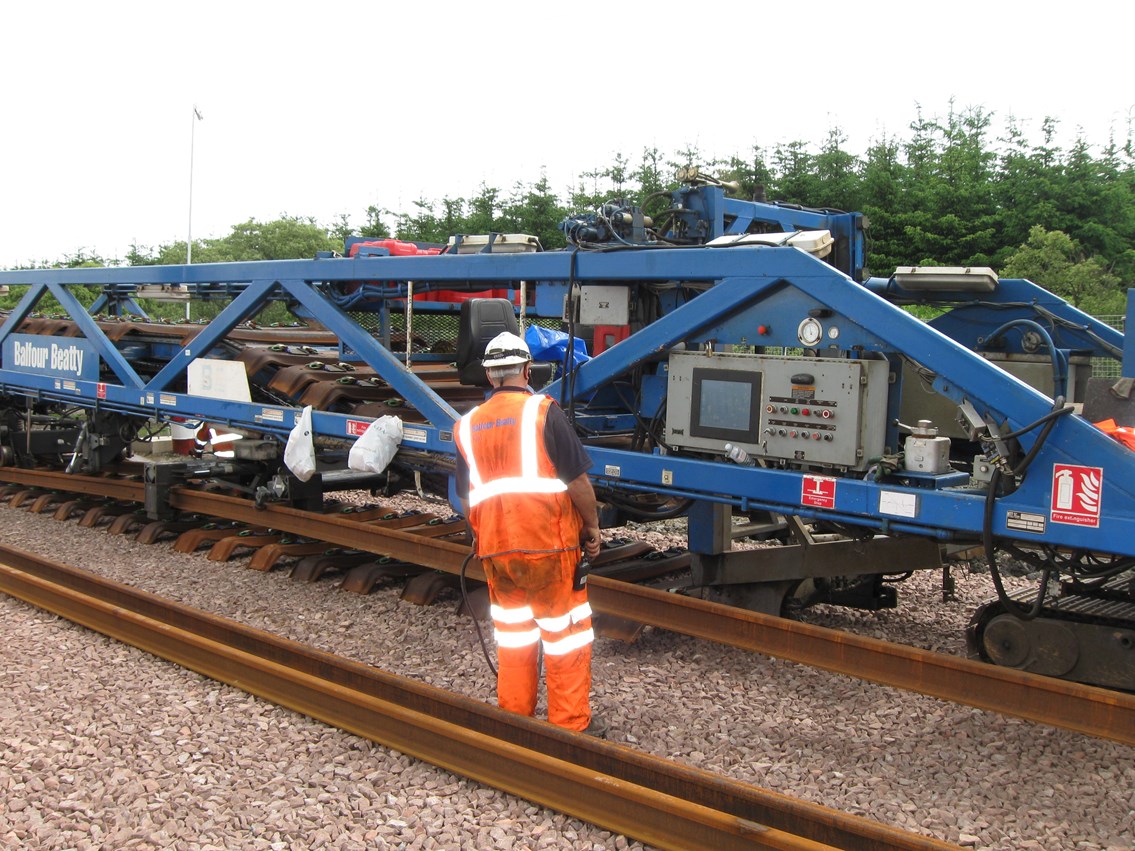 Track laying machine working on Airdrie-Bathgate line_4: The 200 tonne NTC track-laying machine has completed two tracks between Airdrie and Blackridge