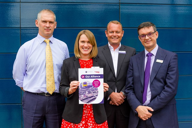 Rob McIntosh, Network Rail; Helen Kavanagh, Northern; Alex Hynes, Northern; and Martin Frobisher, Network Rail launch the Network Rail and Northern alliance