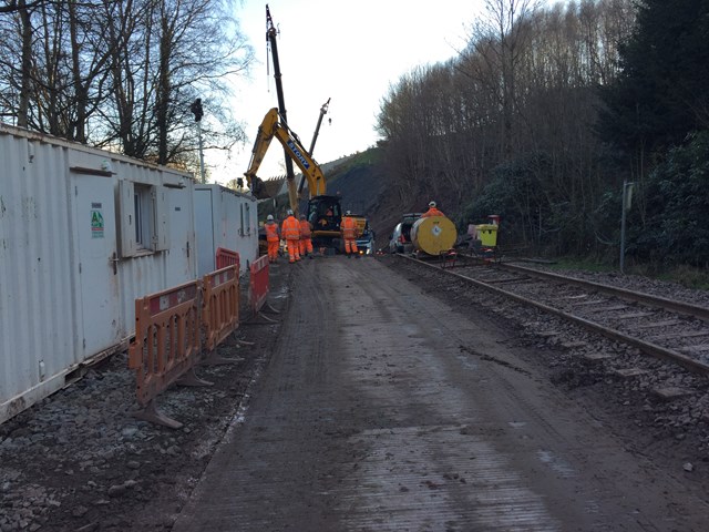 Engineers working at the site of the landslip at Eden Brows in Cumbria