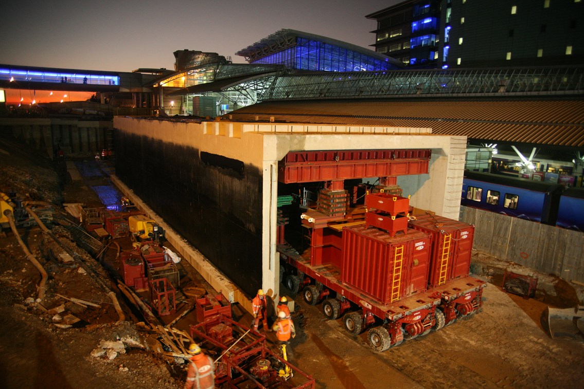 Manchester Airport bridge slide: The new bridge under Outwood Lane is rolled into place.