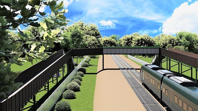 Llanharan community invited to drop-in event ahead of work starting on new bridge: An artist's impression showing the ramp on the footbridge at Trenos level crossing