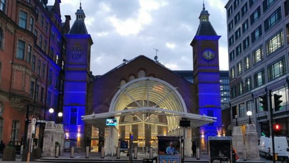 London Liverpool Street station lights up for our NHS heroes and railway family: Liverpool Street blue