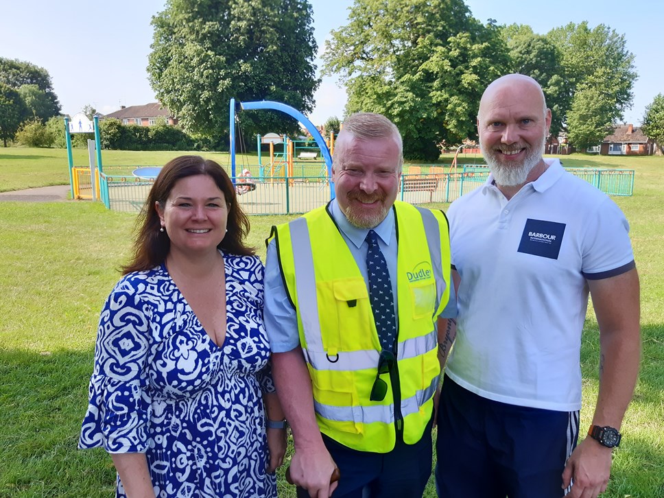 Kerry Wickett, Councillor Damian Corfield and Matt Wickett at Wall Heath Park