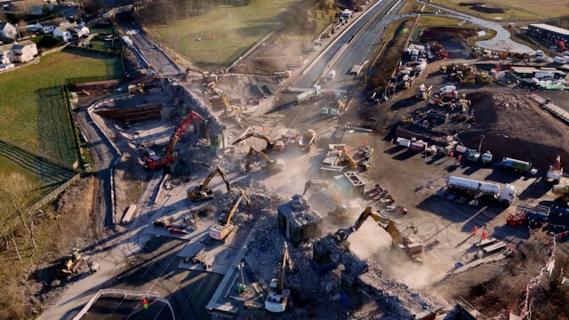 Impressive time-lapse released of weekend railway bridge demolition over M6: Aerial shot of huge deconstruction site of Clifton Bridge near Penrith