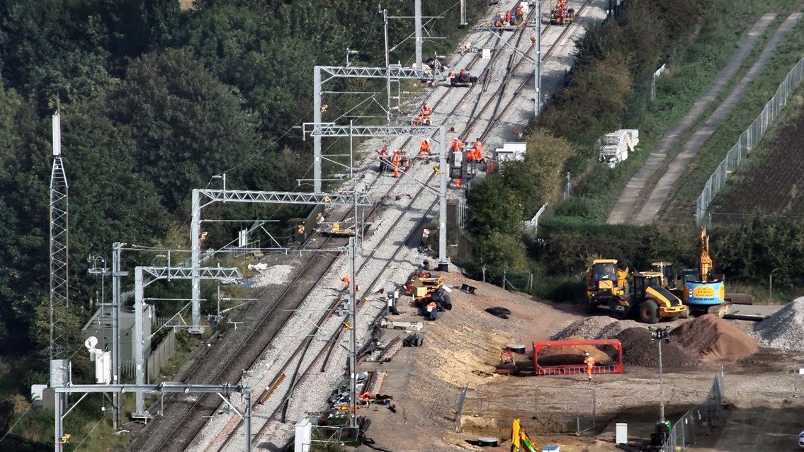 Drone shot of new rail freight connection in Northampton