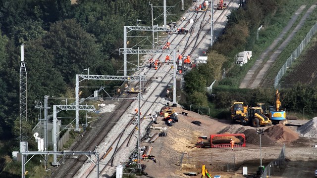 Drone shot of new rail freight connection in Northampton: Drone shot of new rail freight connection in Northampton
