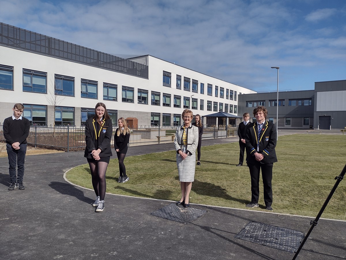 Lossie High HT Janice Simpson with pupils Cameron Bell (S5), Aimee Naldrett (S6), Faith Rowan (S2), Louise Coghill (S3), Nathan Ruck (S4) and Thomas Letch (S6)