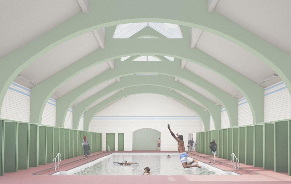 Glasgow Govanhill Baths architect’s impression of the Ladies Pool where the Nathan Coley piece will be sited.