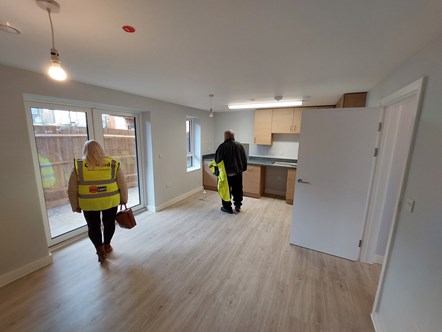 Prospective tenant Mrs Bird looks around one of the new affordable Lyndhurst Road flats