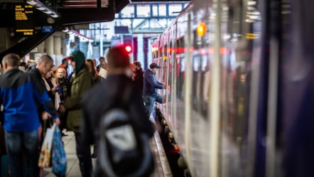 Image shows customers boarding a train