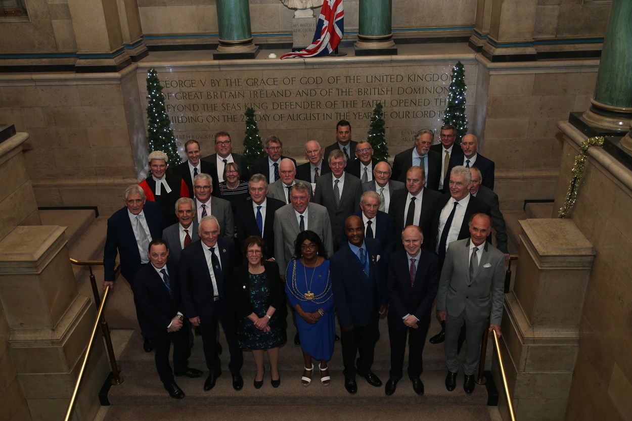 Leeds United-165042.jpg: The Leeds United squad being awarded Freedom of the City in December 2019. Norman Hunter is on the second row, furthest left.