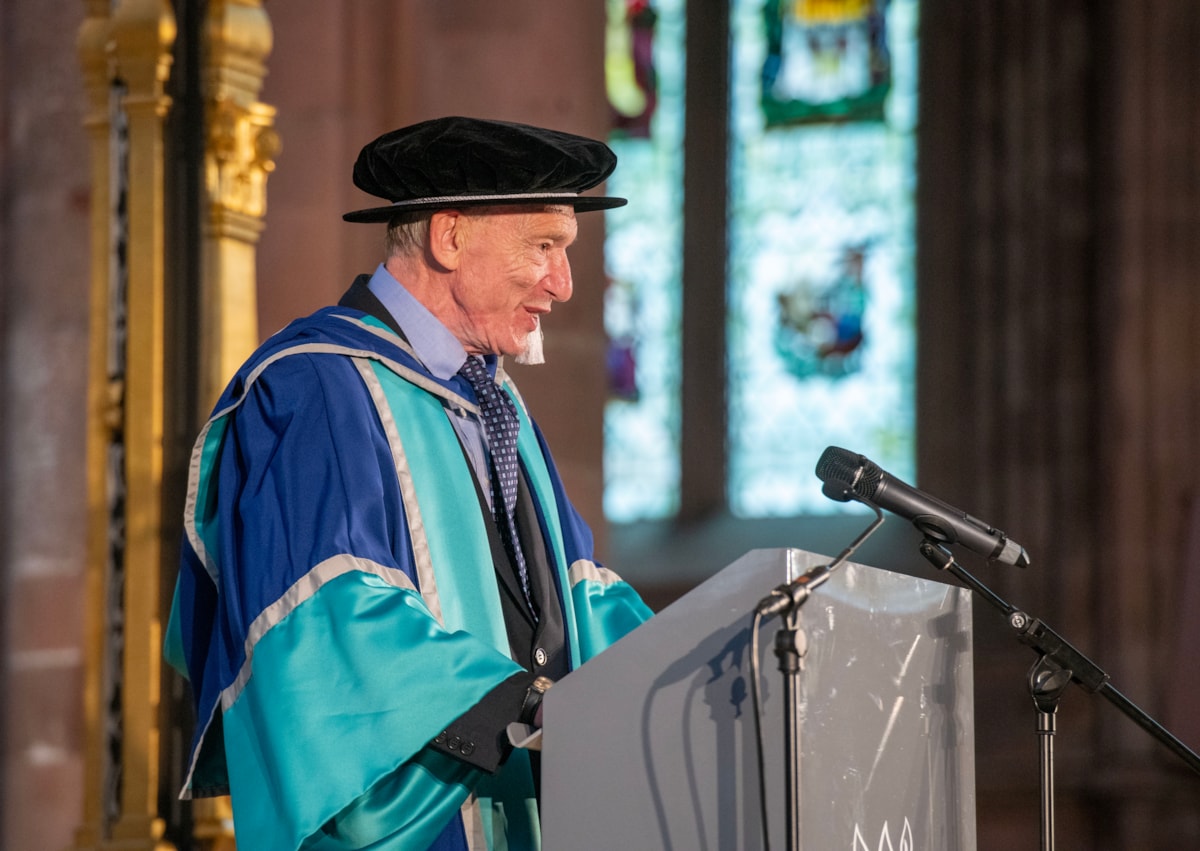 Image of Emeritus Professor John Lee giving address at University of Cumbria Graduation ceremonies - July 2024