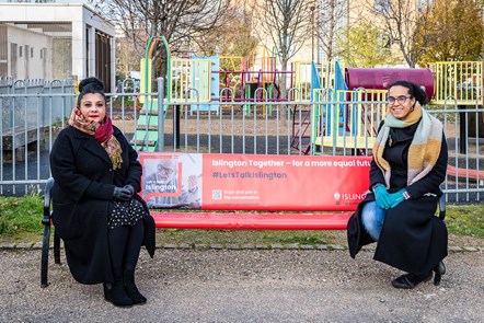 Let's Talk Islington launch in Caledonian Park; (L-R) Inequality Task Force member Navinder Kaur, Chief Executive of Voluntary Action Islington;  and Islington Council leader Cllr Kaya Comer-Schwartz on the Caledonian Park conversation bench
