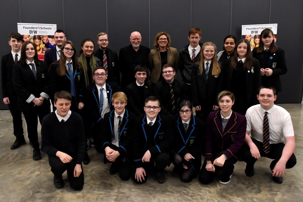 Sir Tom Hunter and Sherry Coutu with pupils from East, North and South Ayrshire