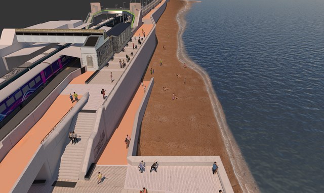 Plans unveiled for remaining section of £80m Dawlish sea wall that will protect the railway and the vital link it provides for the south west: Wall and promenade at Dawlish station