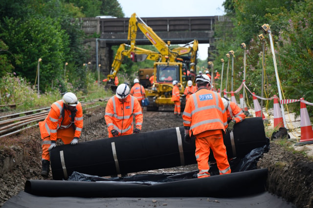 Waterproof membrane being laid during Parbold track renewals July 2026: Waterproof membrane being laid during Parbold track renewals July 2026