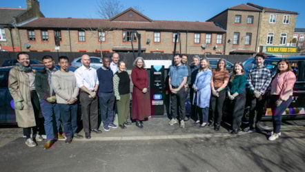 Mayor Woodley and Cllr Sarah Young with Hackney's EV team and ESB Energy