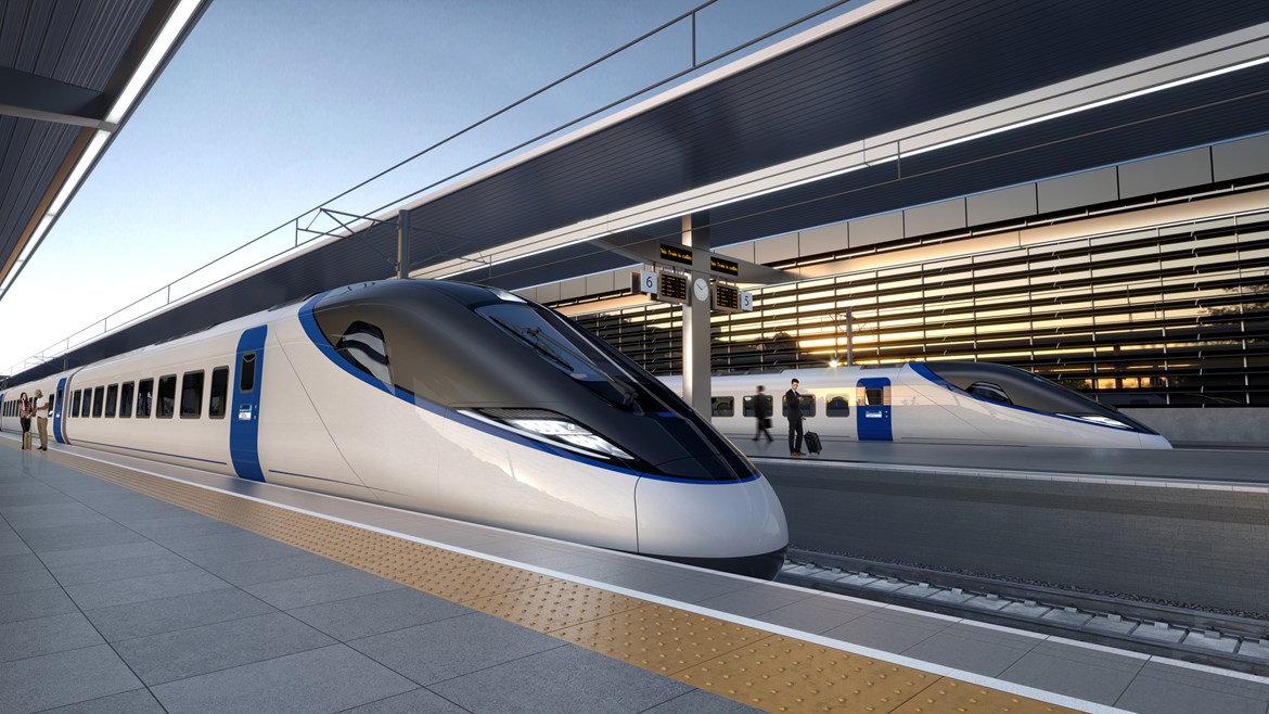 HS2 on track for pivotal 12 months as high-speed railway takes shape: Artists impression of an HS2 train at a platform v2