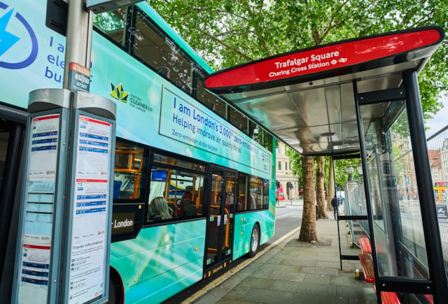 TfL Image - 3000th zero-emission bus alongside a bus shelter