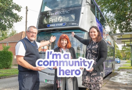 Anne Stamp (centre) with driver Neil Allatt and Jenny Bartlett from First Bus