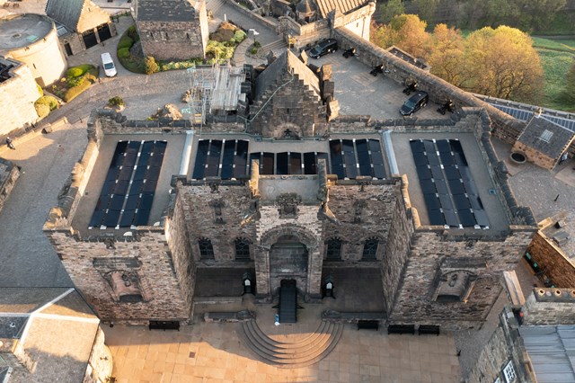 008-000-106-533-R: Recently installed solar panels on the roof of the Scottish National War Memorial Building, Edinburgh Castle.