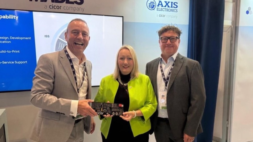 Cicor representatives with Economy Secretary Rebecca Evans at DSEI UK