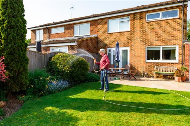 Picture of a man watering his back garden on a sunny day