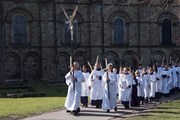 Palm Sunday procession onto Palace Green outside Durham Cathedral: Palm Sunday procession onto Palace Green outside Durham Cathedral