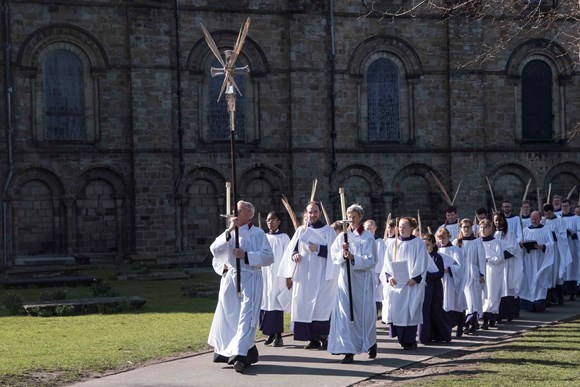 Services and events: Holy Week at Durham Cathedral: Palm Sunday procession onto Palace Green outside Durham Cathedral