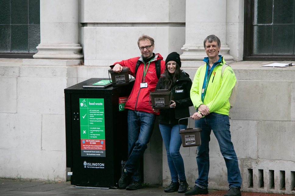 Pictured left to right are: Pawel Ryczan (Recycling and Waste Minimisation Officer at Islington Council), Katie Johns (Senior Waste Prevention Officer at the North London Waste Authority), and Matthew Homer (Street Scene Strategy Manager at Islington Council)