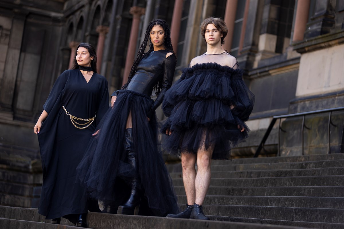 Models (L-R) Shannon Summers, Grace Dempsey and Joshua Cairns arrive at the National Museum of Scotland ahead of the opening of Beyond the Little Black Dress on  Saturday (1 July). The exhibition deconstructs an iconic wardrobe staple, examining the radical power of the colour black in fashion. Image copyright Duncan McGlynn.-2