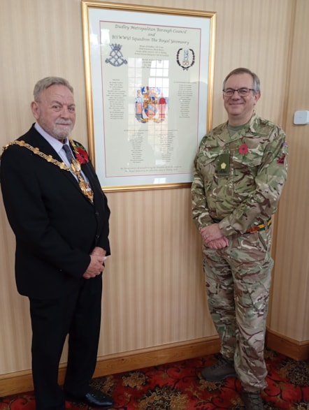 Mayor of Dudley Cllr Pete Lee and Maj JP Astley DL, Officer Commanding, B (S, WWY) Squadron with a copy of the Freedom of the Borough scroll