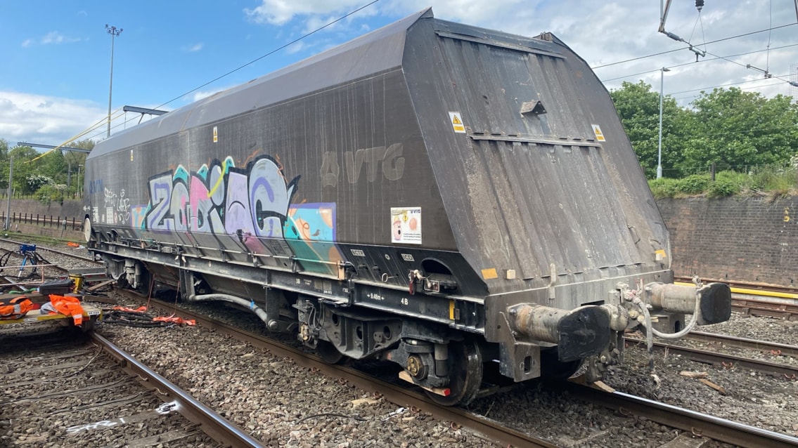 Wolverhampton freight derailment: trains expected to run tomorrow as recovery work continues: Rerailed freight wagon in Oxley, Wolverhampton
