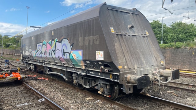 Wolverhampton freight derailment: trains expected to run tomorrow as recovery work continues: Rerailed freight wagon in Oxley, Wolverhampton
