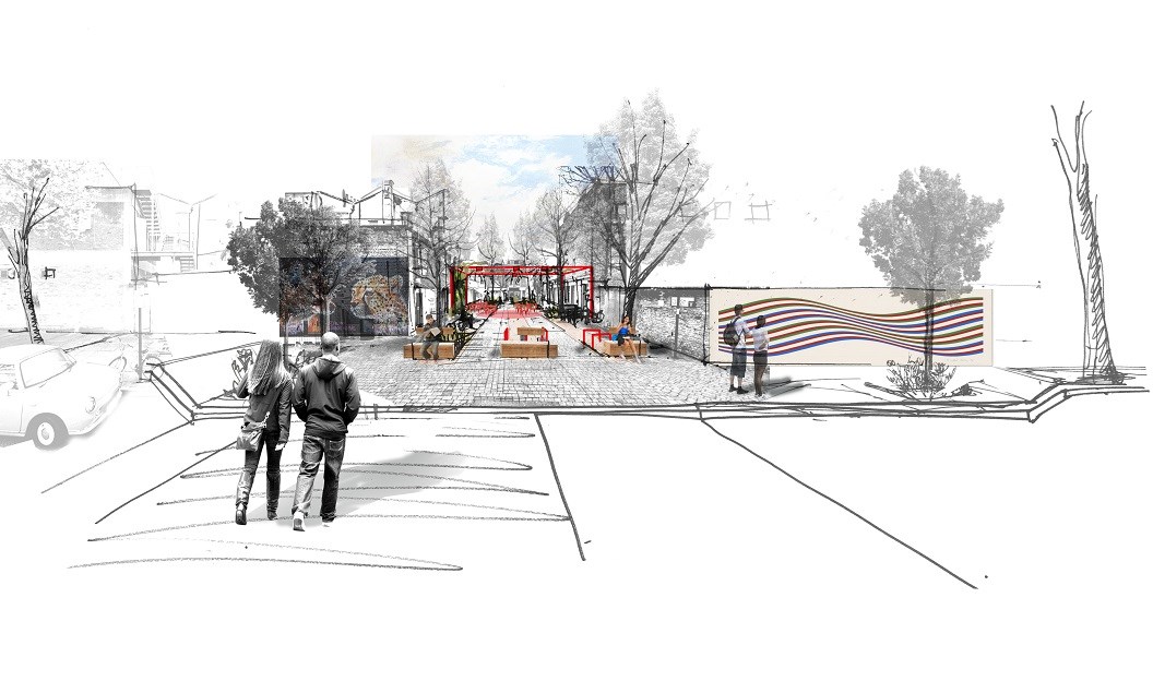 A sketch showing proposed improvements in Tilloch Street, including new benches, cycle racks, and greening