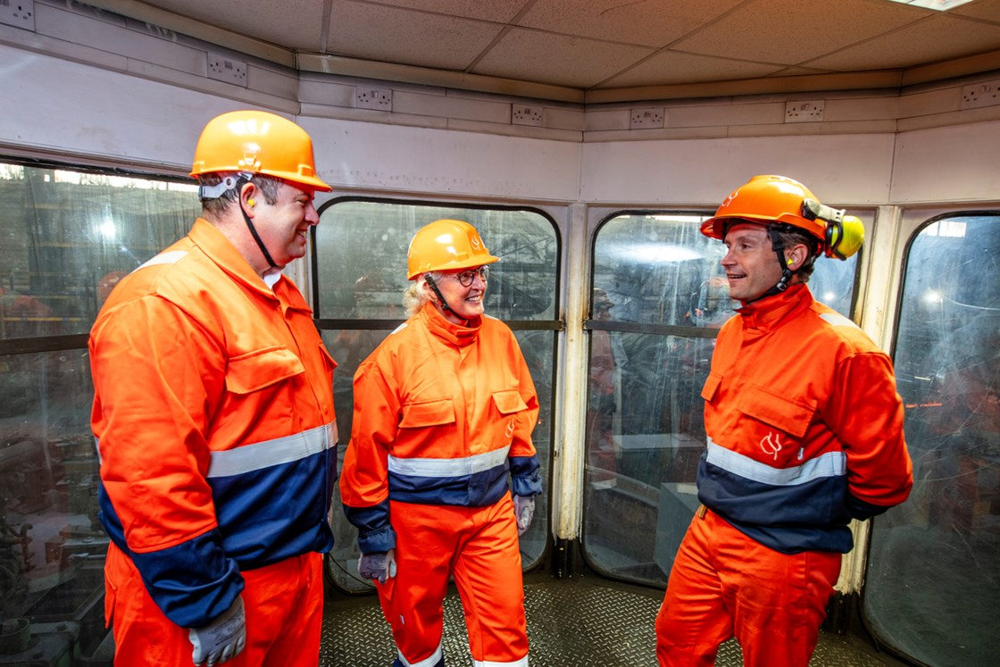 Stephen Doughty MP for Cardiff South and Penarth, Ruth Todd, HS2's Chief Commercial Officer and Carles Rovira, CEO of CELSA Steel UK watch steel being made for HS2 at the rod and bar mill in Cardiff