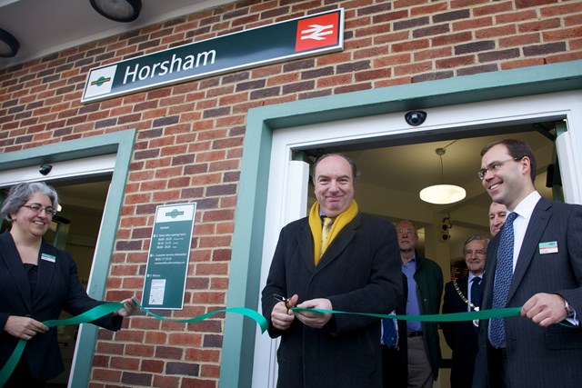Passengers to benefit from investment at Horsham station: Rail minister Norman Baker MP officially opens NSIP improvements at Horsham station, watched by representatives of Southern Railway, Network Rail and West Sussex County Council.