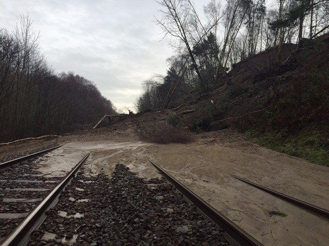 The landslip at Farnley Haugh which is affecting the line between Carlisle and Newcastle