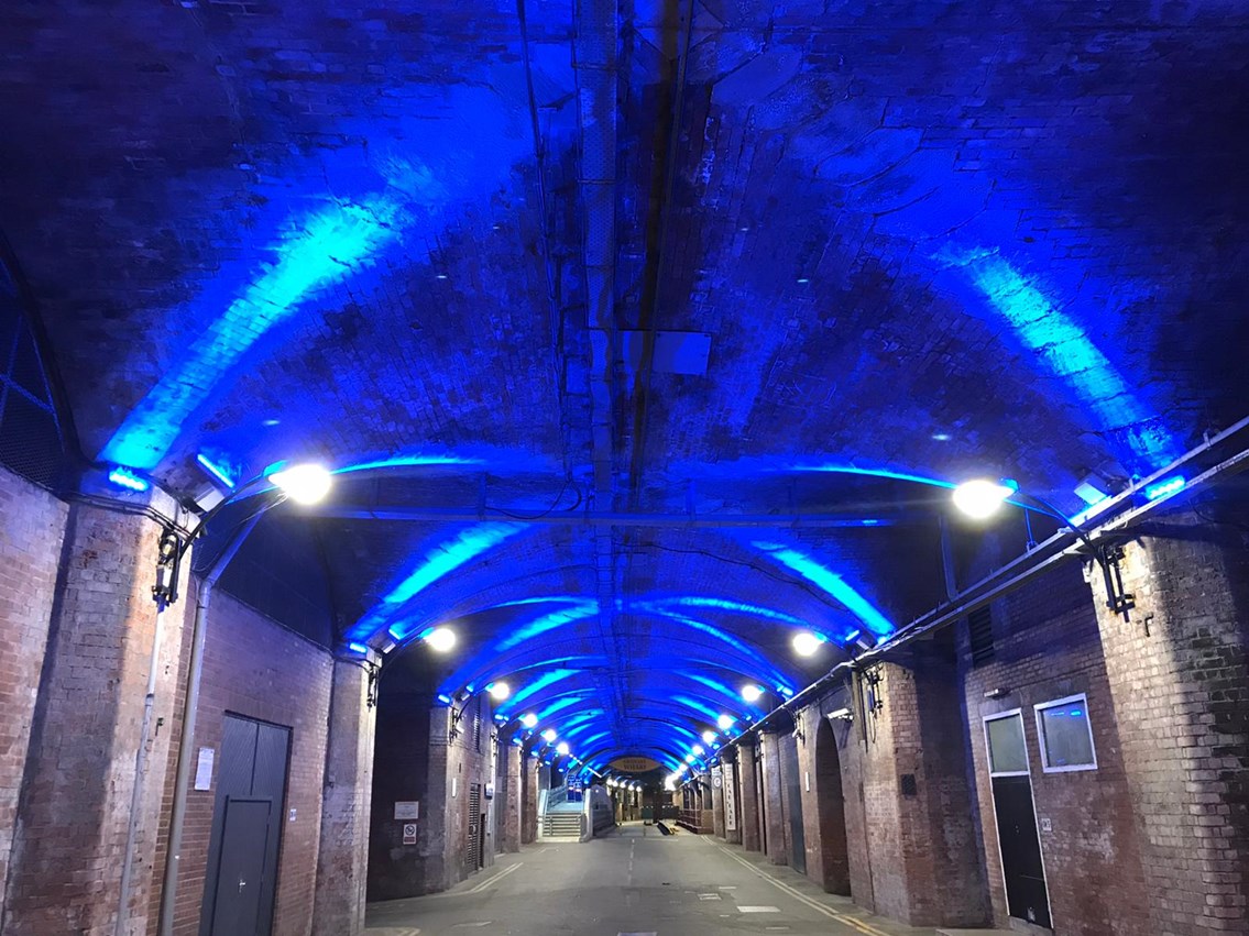 Network Rail turns stations on the East Coast Main Line blue to support the NHS: Leeds station dark arches turn blue