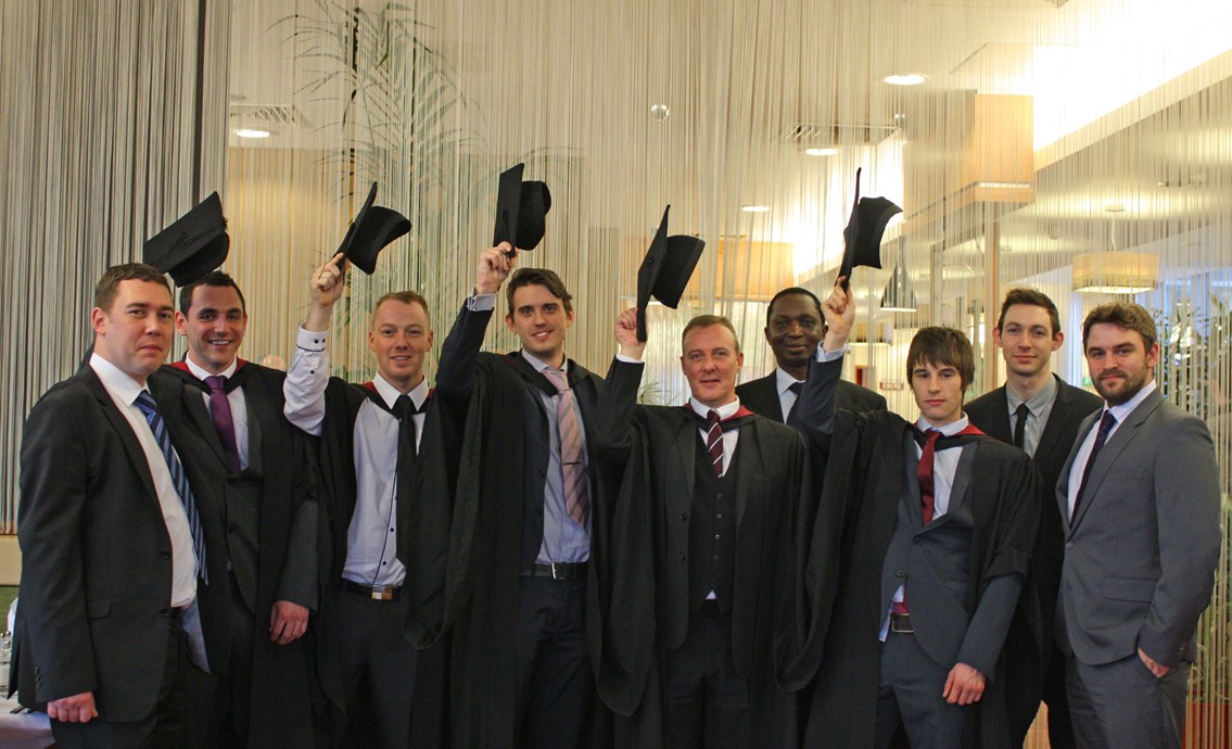 Network Rail employees celebrate their success after achieving foundation degrees in engineering at Sheffield Hallam University graduation - Nov 2012: Network Rail employees celebrate their success after achieving foundation degrees in engineering at Sheffield Hallam University graduation - Nov 2012