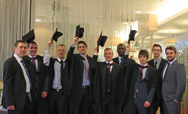 Network Rail employees celebrate their success after achieving foundation degrees in engineering at Sheffield Hallam University graduation - Nov 2012