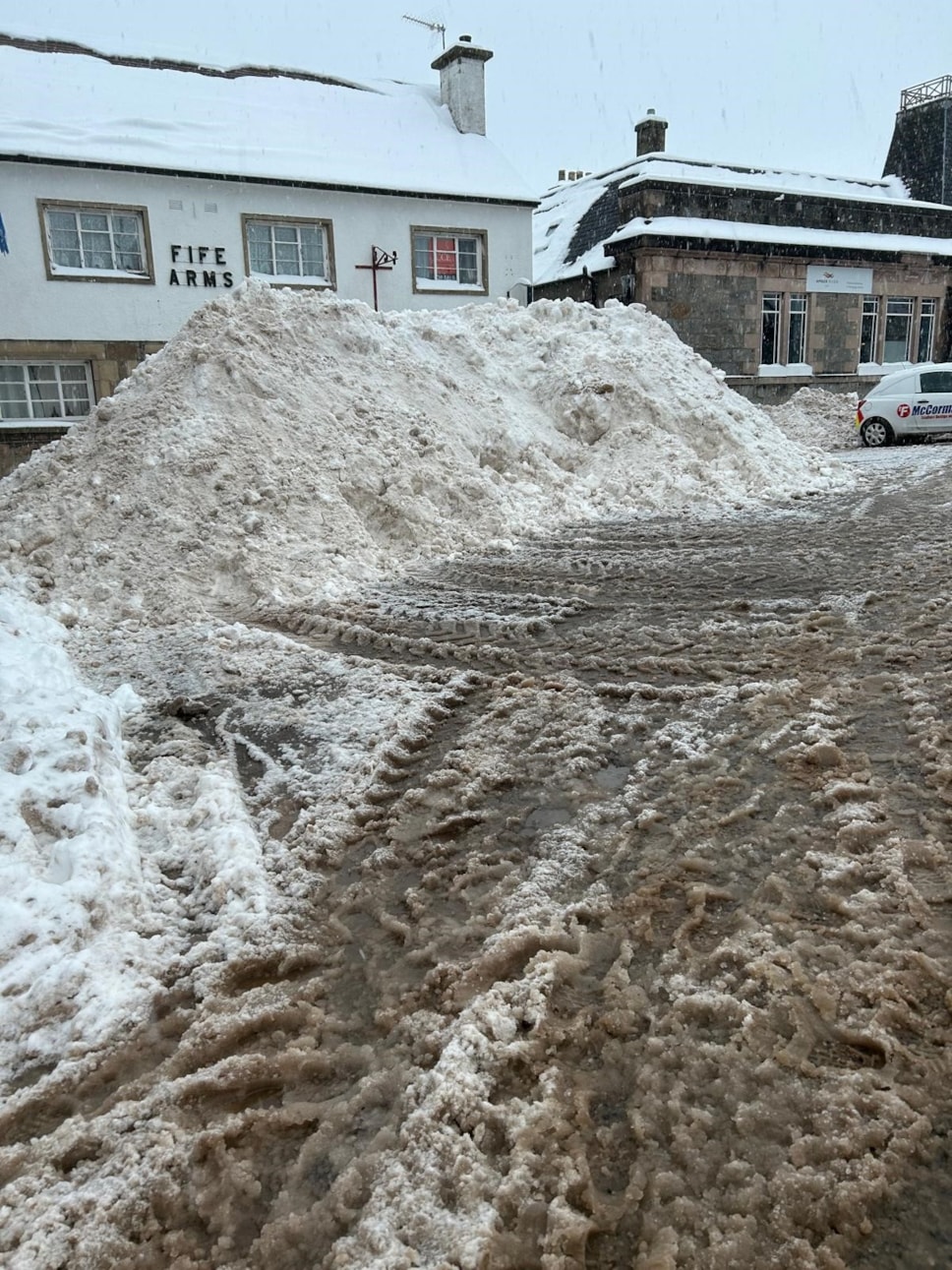Snow piled in Dufftown Square - 6 January 2026