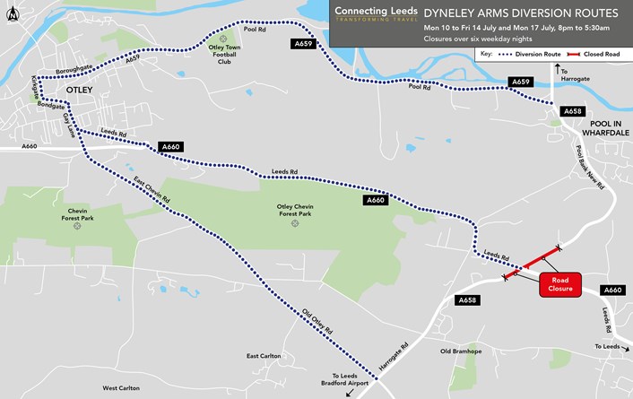 Dyneley Arms diversion map night time closures: Dyneley Arms diversion map night time closures