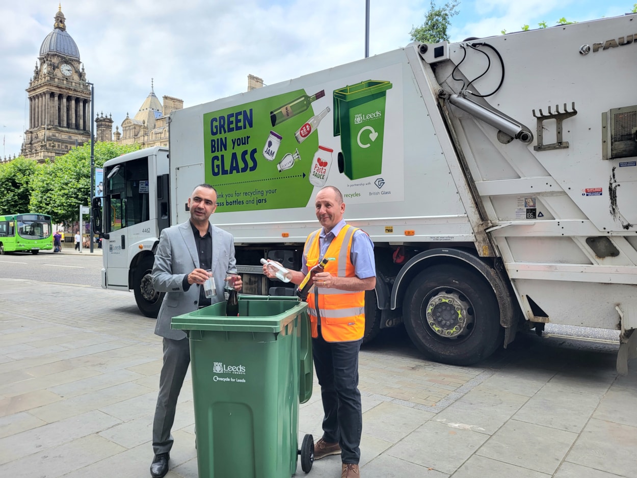 Leeds launch of glass recycling: Councillor Mohammed Rafique, Leeds City Council’s executive member for climate, energy, environment and green space and Declan Nortcliffe, Operations Director at HW Martin Waste Ltd, at the launch of glass recycling in Leeds.