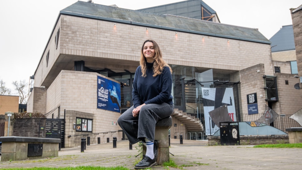 Taylor Dyson, 2025 Scots Scriever, in front of Dundee Rep Theatre