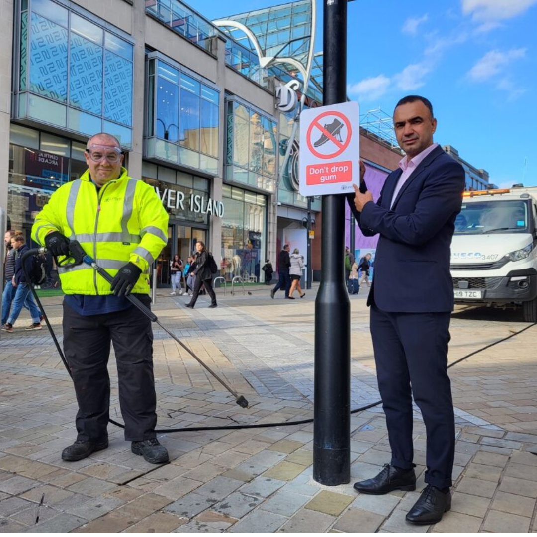 Councillor Rafique at the launch of the chewing gum task force