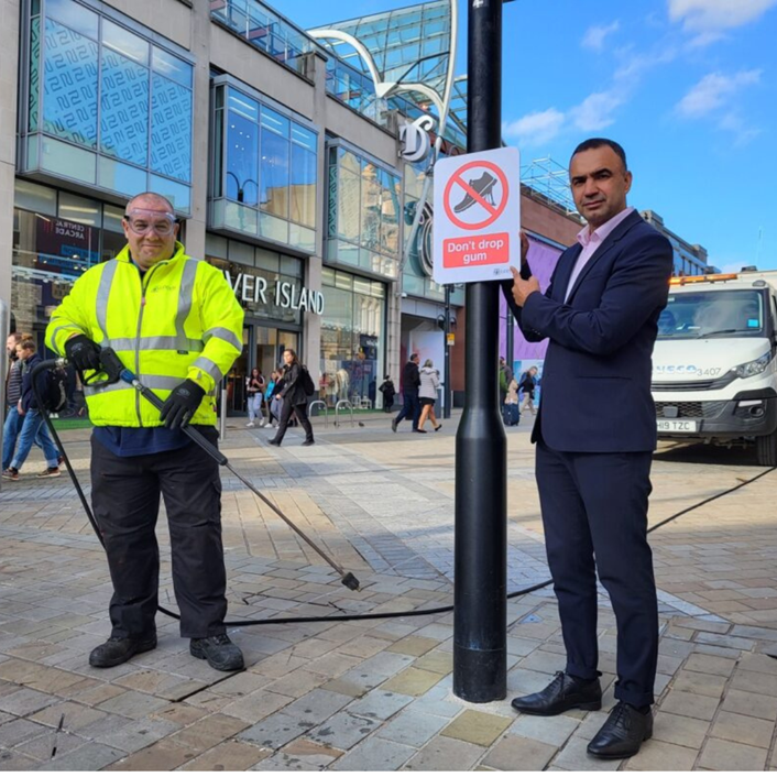 Councillor Rafique at the launch of the chewing gum task force: Councillor Rafique at the launch of the chewing gum task force