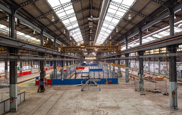 Chart Leacon panorama: Inside Chart Leacon depot showing one of the cranes used to lift trains between tracks