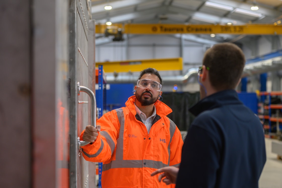 20260412 - HS2 Ltd Head of Rail Systems Delivery, Qasir Raza meeting Booth employees at  the cross-passage door factory in Bolton-2