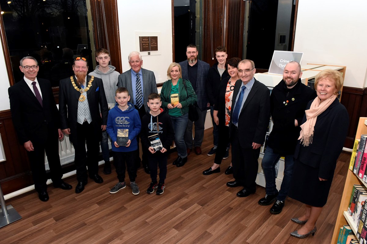Provost Todd, Cllr Elena Whitham with Liam McIlvanney and Family, Cllr John Campbell, Frank Donnelly, Keiran Kelly, Chief Executive Fiona Lees and Depute Chief Executive Alex McPhee.